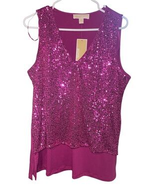 Michael Kors Fuchsia Satin-Look Tank with Gold Logo Plate
